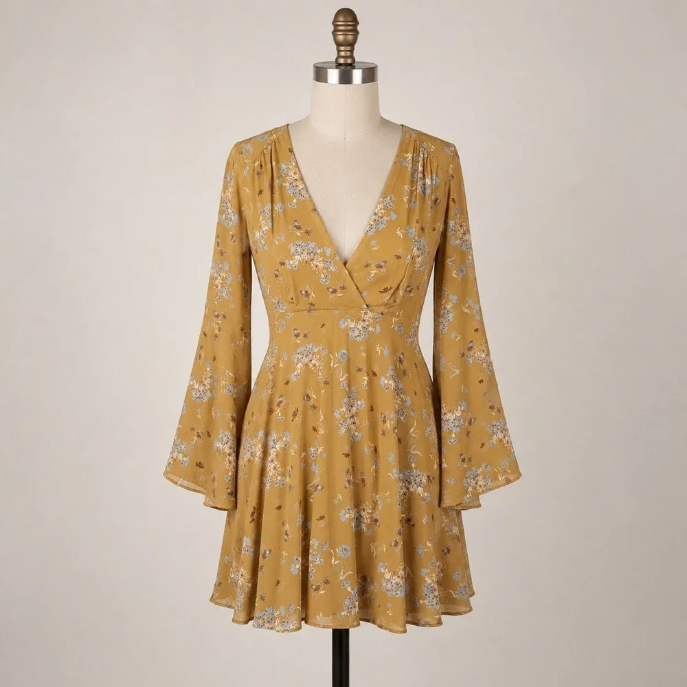 Free People Floral Bell Sleeve Mini Dress Womens M Mustard Yellow Boho V-Neck